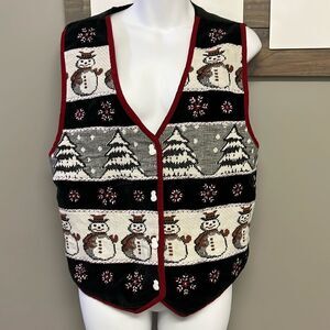 TanTrums Vintage Black Button Up Snowman Tree Snowflake Vest- Large